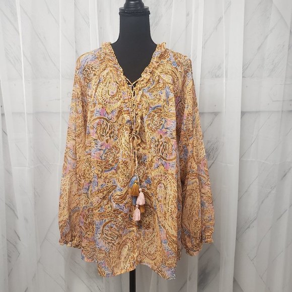 Democracy Orange Paisley Semi Sheer Tassel Peasant Blouse Size XL - Picture 1 of 13